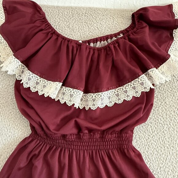 Vintage 70s Maxi Dress Burgundy Ruffle Lace Trim Peasant Cottage - Picture 2 of 9